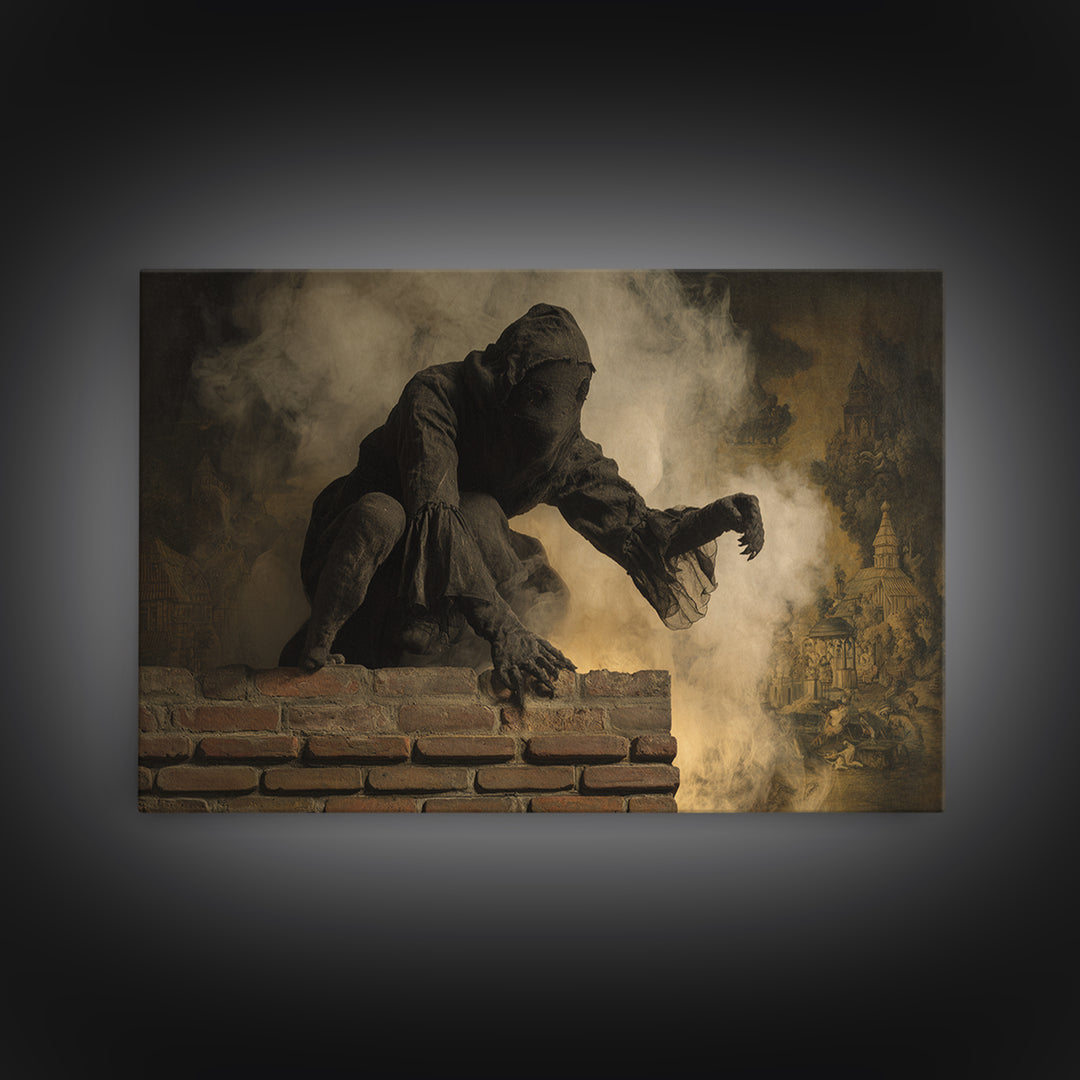 The Chimney Phantom, Medieval Grotesque Art, Landscape Wall Art, Gothic Horror Wall Art, Framed Canvas Print, Halloween Wall Art