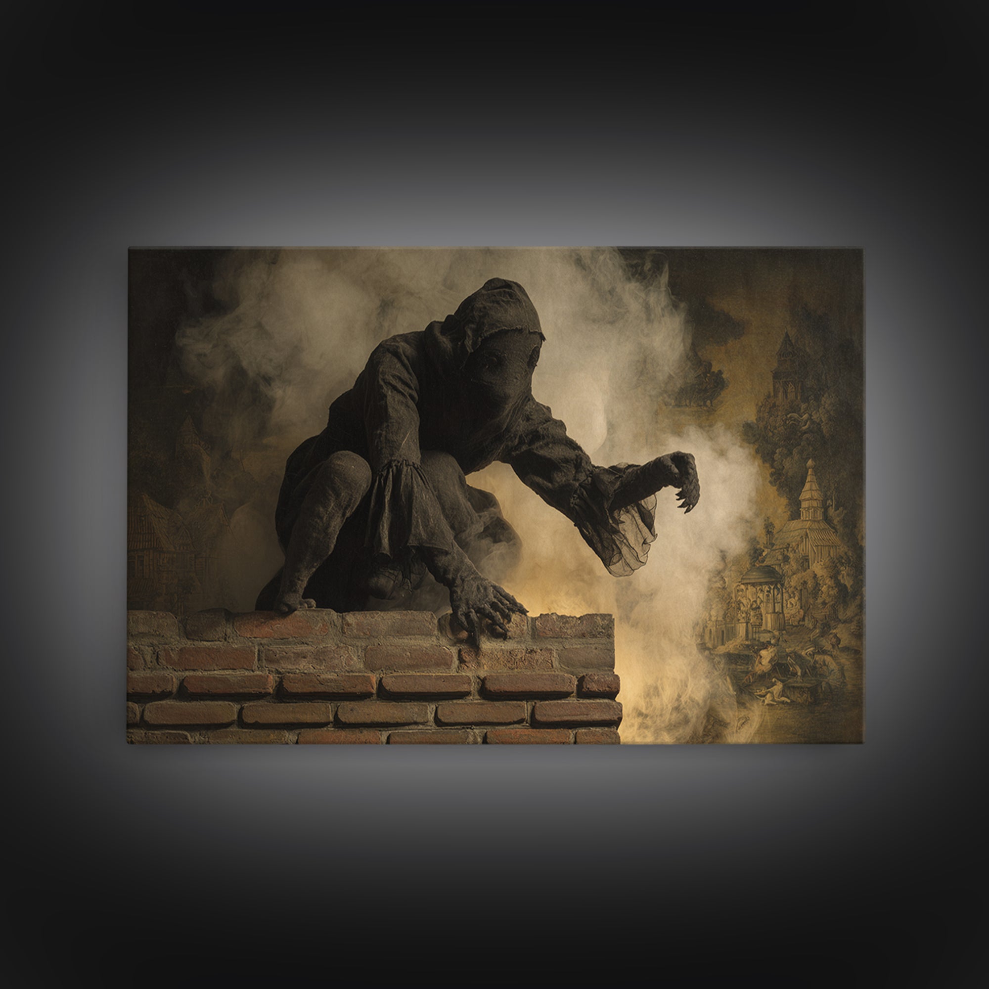 The Chimney Phantom, Medieval Grotesque Art, Landscape Wall Art, Gothic Horror Wall Art, Framed Canvas Print, Halloween Wall Art