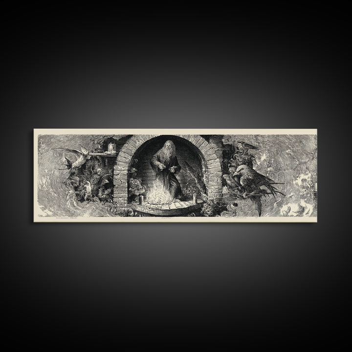 The Chimney Phantom, Renaissance Engraving Art, Extra Wide Wall Art, Gothic Horror Wall Art, Framed Canvas Print, Halloween Wall Art