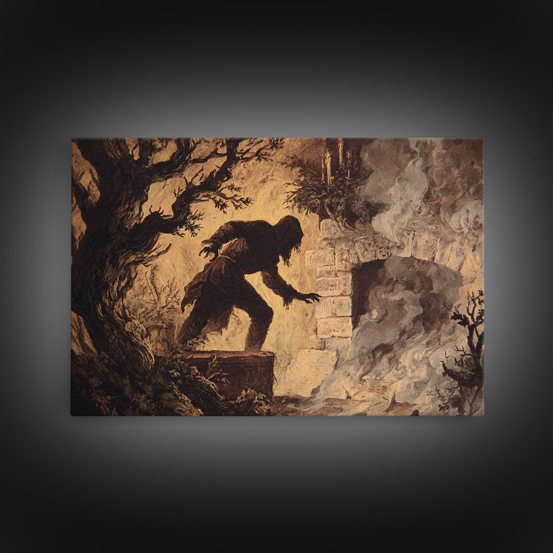 The Chimney Phantom, Baroque Witchcraft Art, Landscape Wall Art, Dark Halloween Decor, Framed Canvas Print, Halloween Wall Art