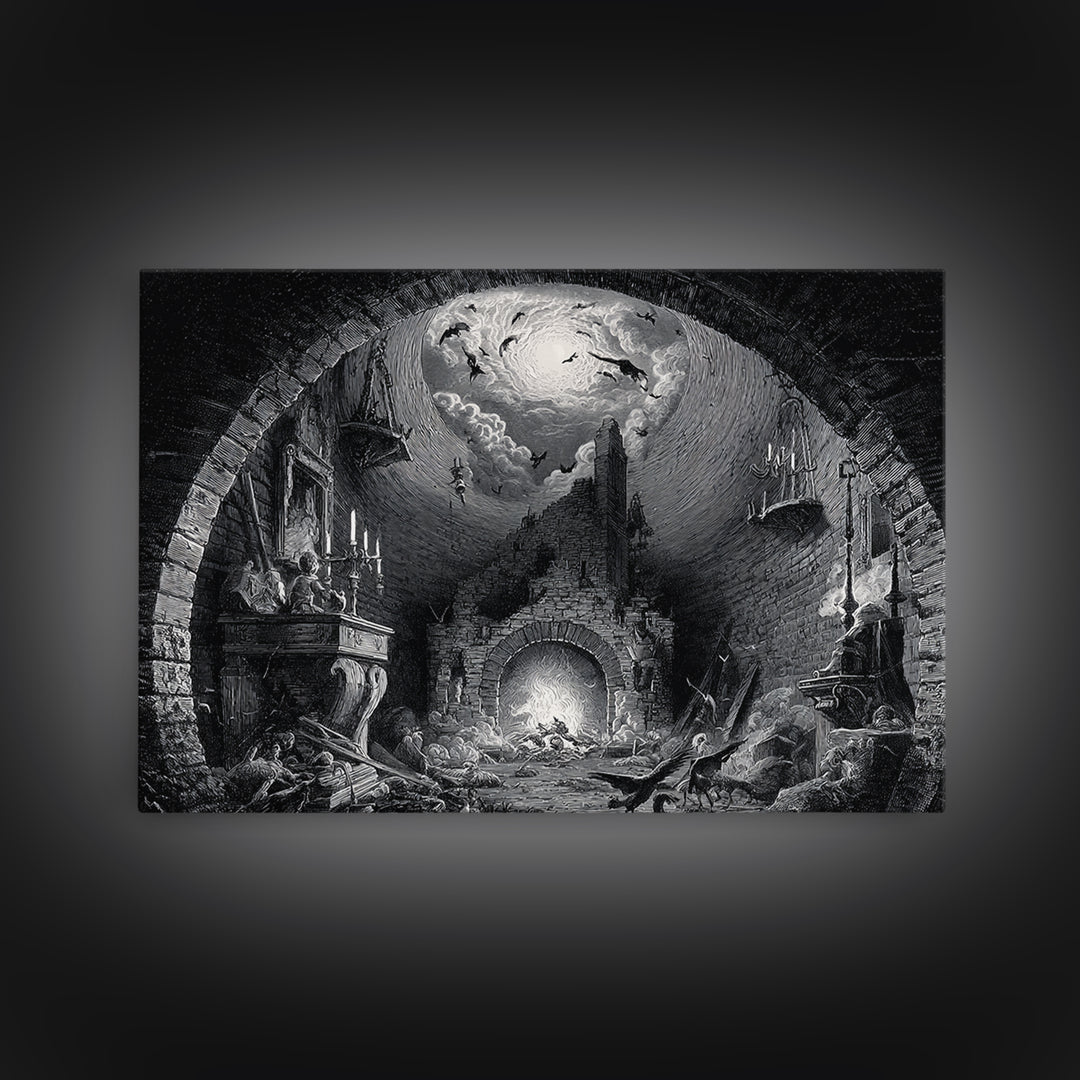 The Chimney Phantom, Architectural Etching Art, Landscape Wall Art, Dark Fantasy Wall Art, Framed Canvas Print