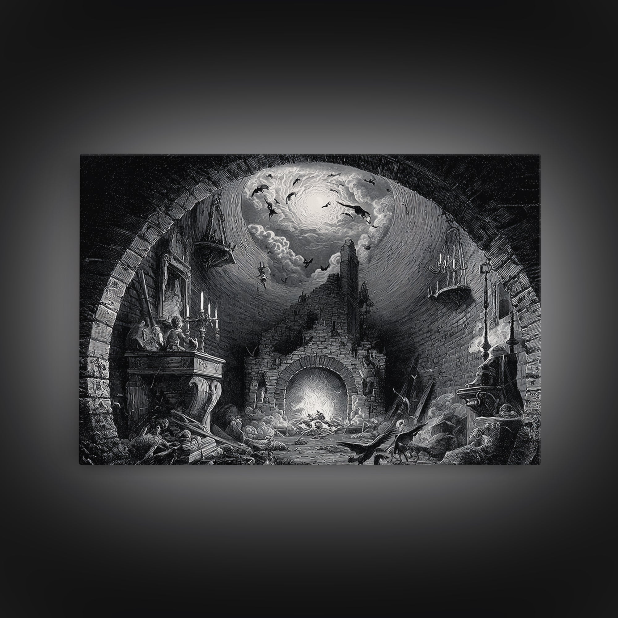 The Chimney Phantom, Architectural Etching Art, Landscape Wall Art, Dark Fantasy Wall Art, Framed Canvas Print