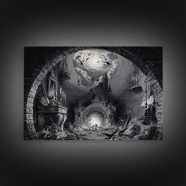The Chimney Phantom, Architectural Etching Art, Landscape Wall Art, Dark Fantasy Wall Art, Framed Canvas Print