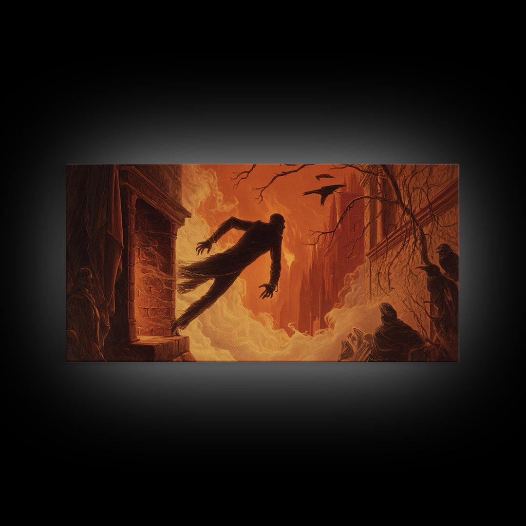 The Chimney Phantom, Apocalyptic Romantic Art, Wide Panoramic Art, Macabre Wall Art, Framed Canvas Print, Halloween Wall Art