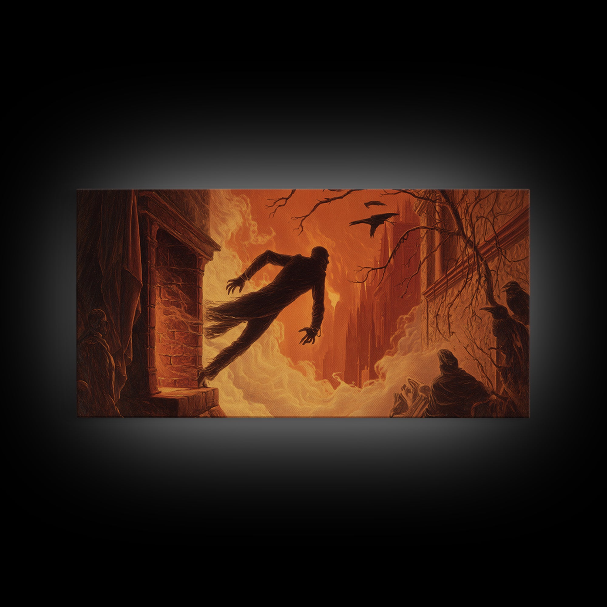 The Chimney Phantom, Apocalyptic Romantic Art, Wide Panoramic Art, Macabre Wall Art, Framed Canvas Print, Halloween Wall Art
