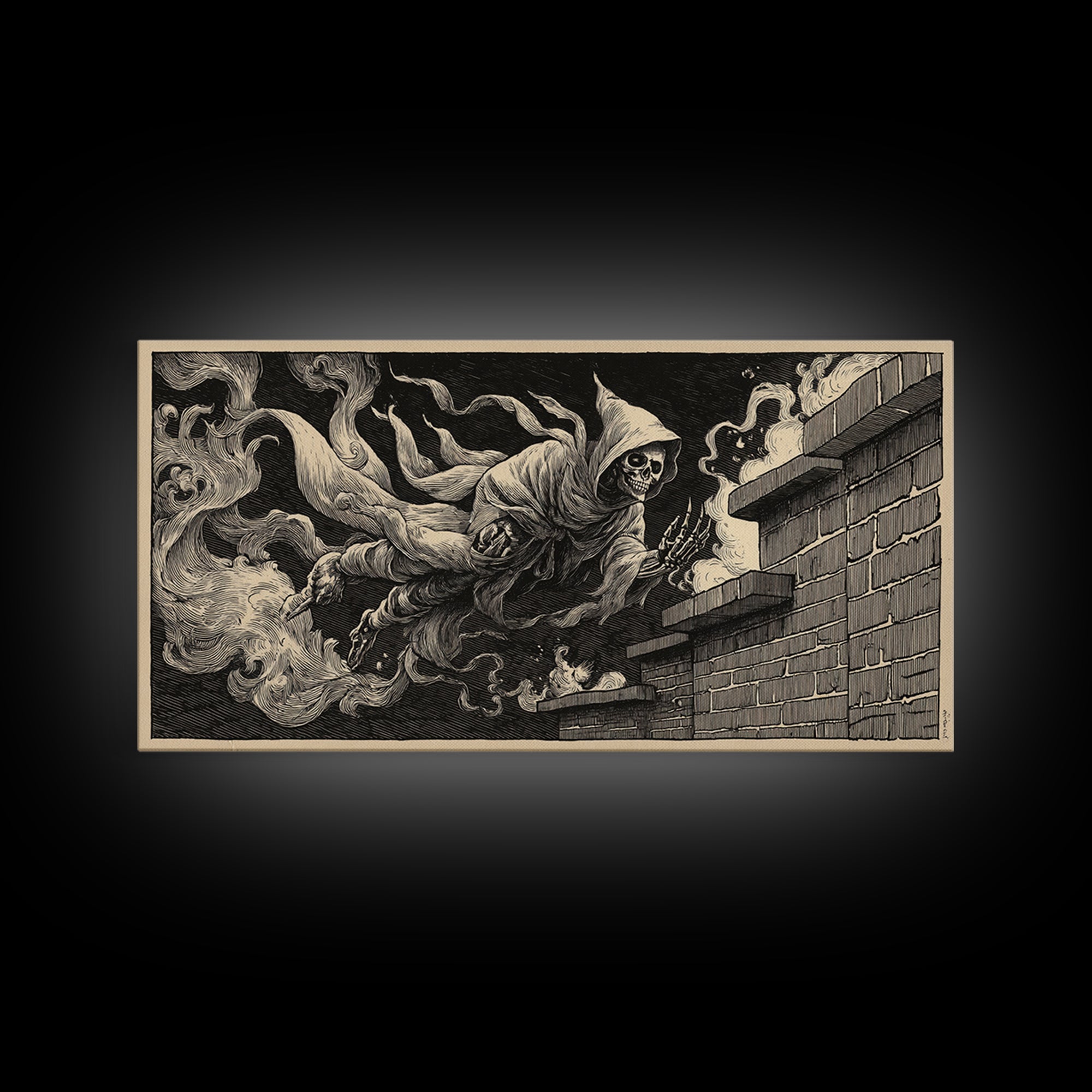 The Chimney Phantom, Macabre Folk Print Art, Wide Panoramic Art, Macabre Wall Art, Framed Canvas Print, Halloween Wall Art