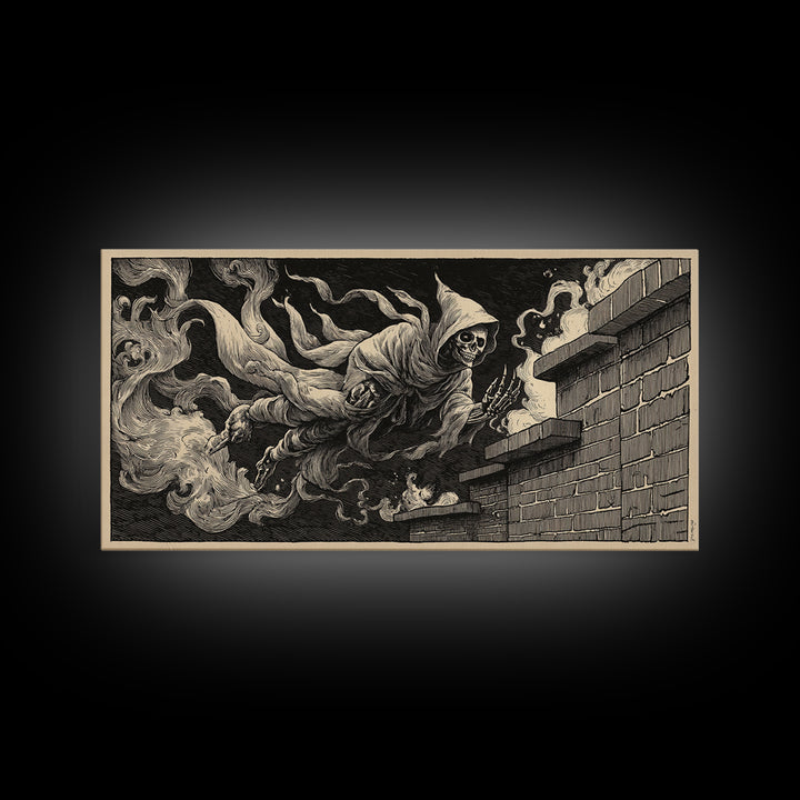 The Chimney Phantom, Macabre Folk Print Art, Wide Panoramic Art, Macabre Wall Art, Framed Canvas Print, Halloween Wall Art