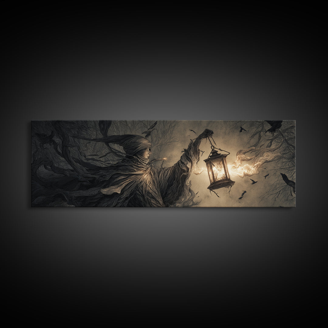 The Lantern Specter, Medieval Grotesque Art, Extra Wide Wall Art, Macabre Wall Art, Framed Canvas Print, Halloween Wall Art