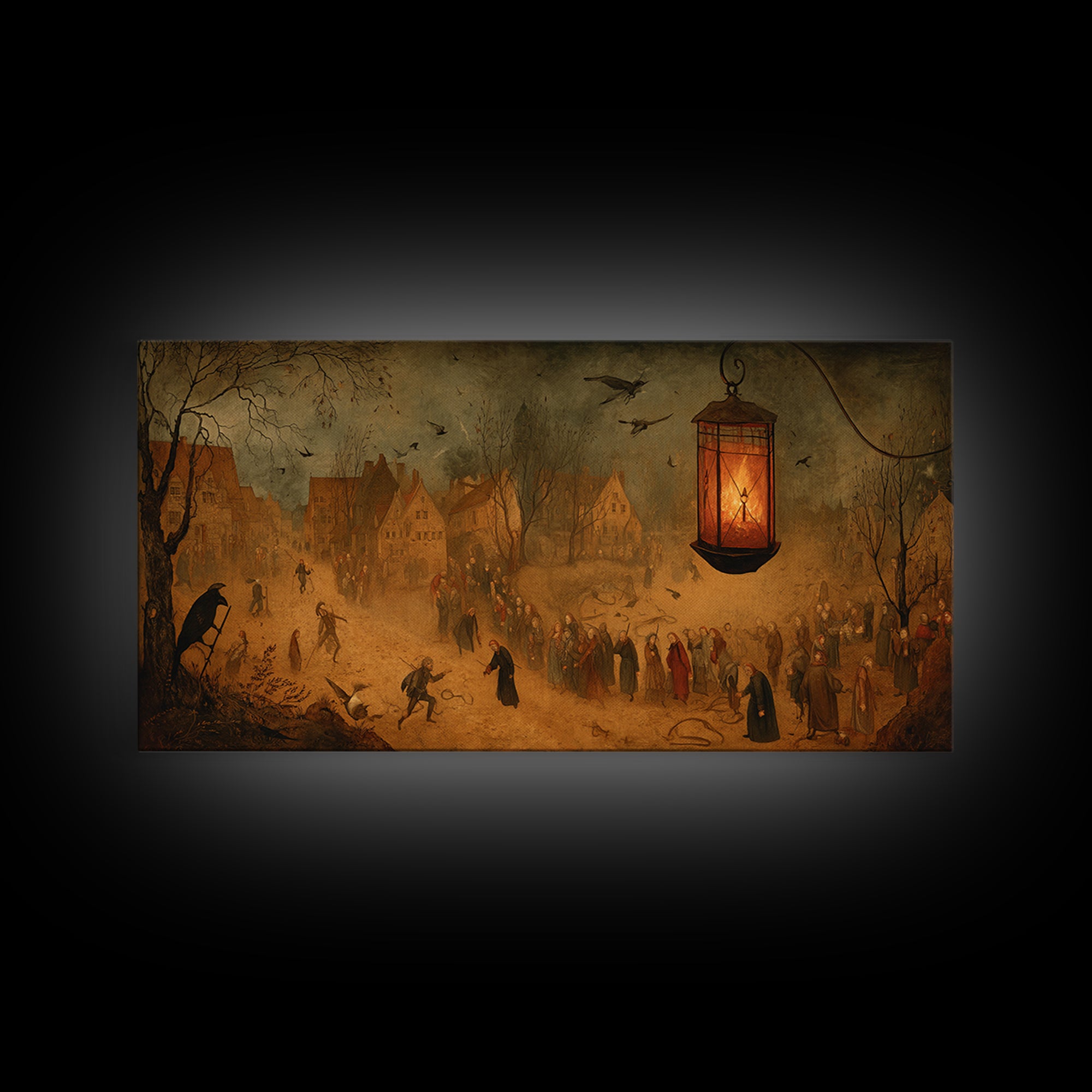 The Lantern Specter, Northern Renaissance Horror, Wide Panoramic Art, Dark Fantasy Wall Art, Canvas Print, Halloween Wall Art