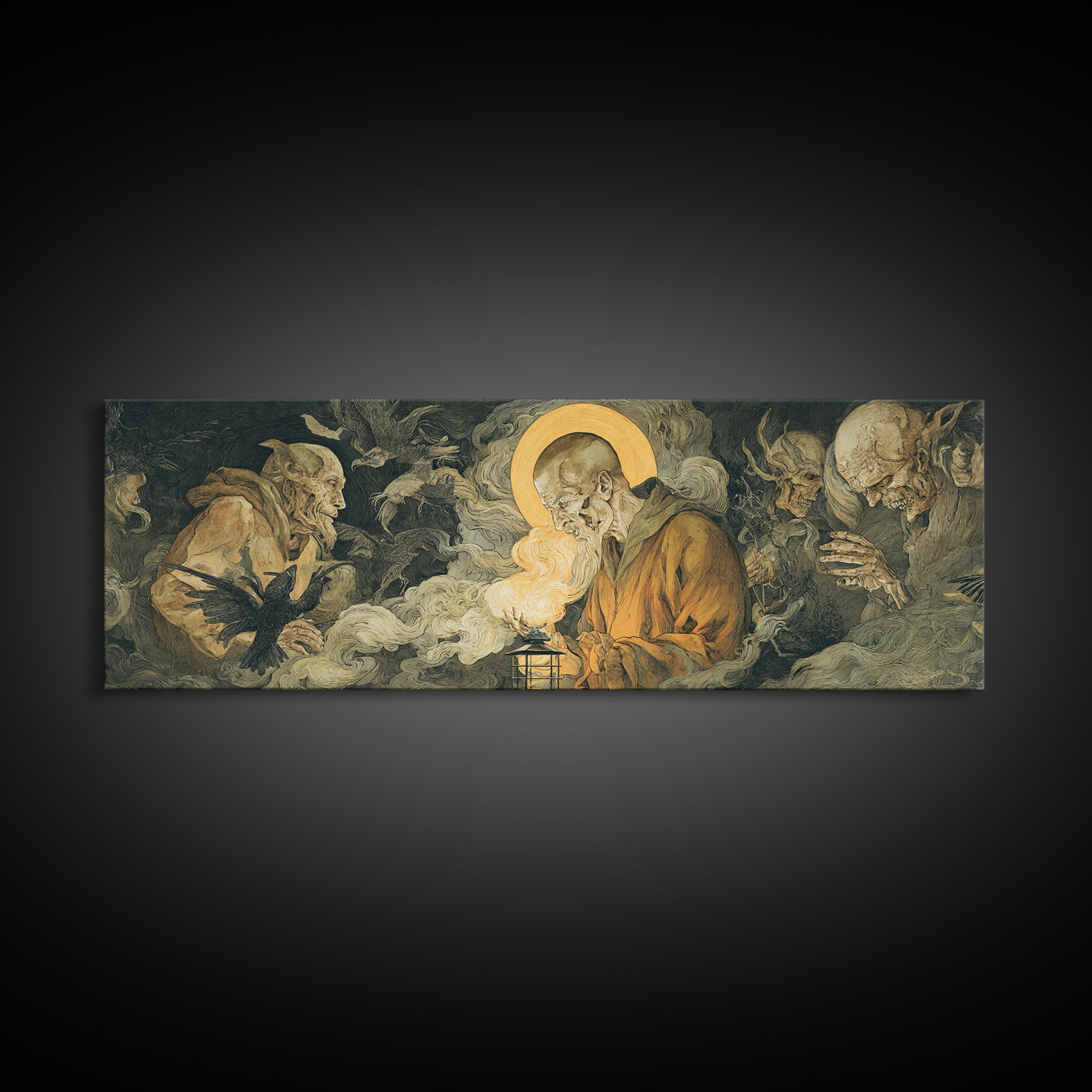 The Lantern Specter, Dark Renaissance Art, Extra Wide Wall Art, Dark Halloween Decor, Framed Canvas Print, Halloween Wall Art