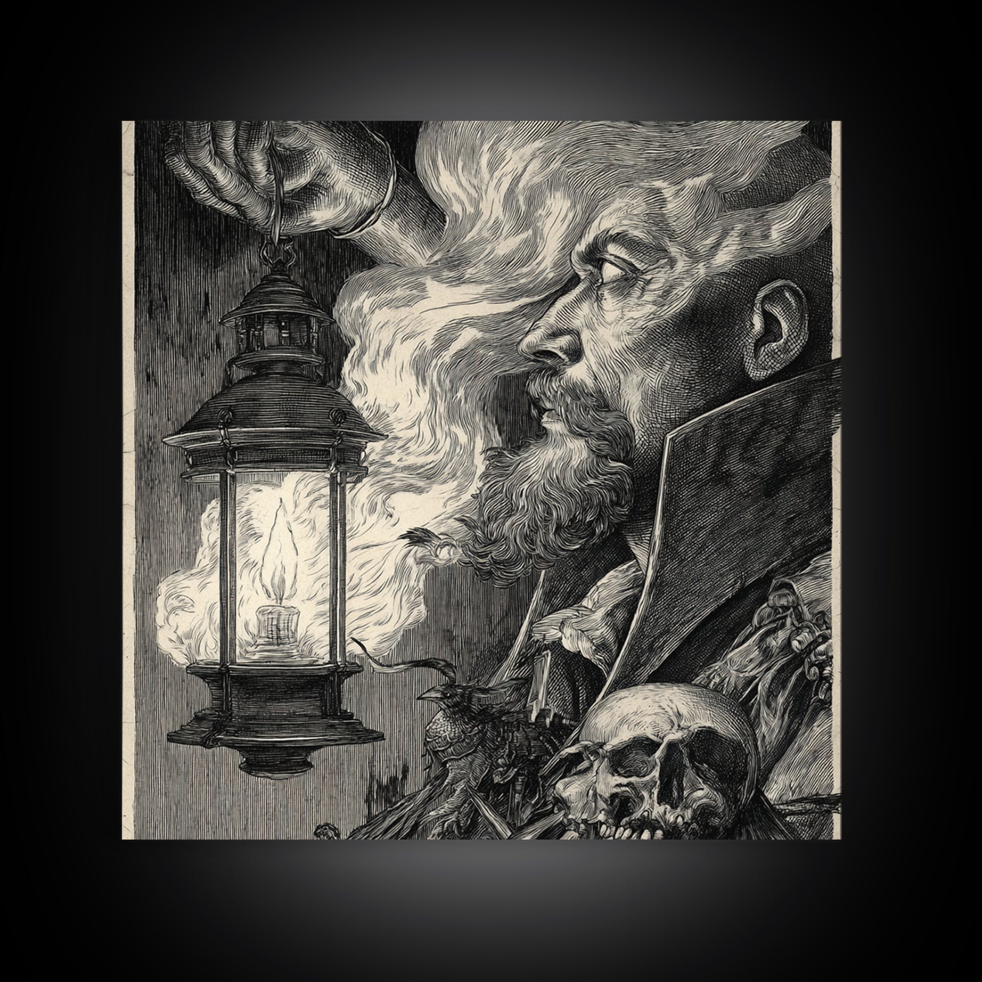 The Lantern Specter, Renaissance Engraving Art, Square Wall Art, Macabre Wall Art, Canvas Print, Halloween Wall Art, Horror Wall Art