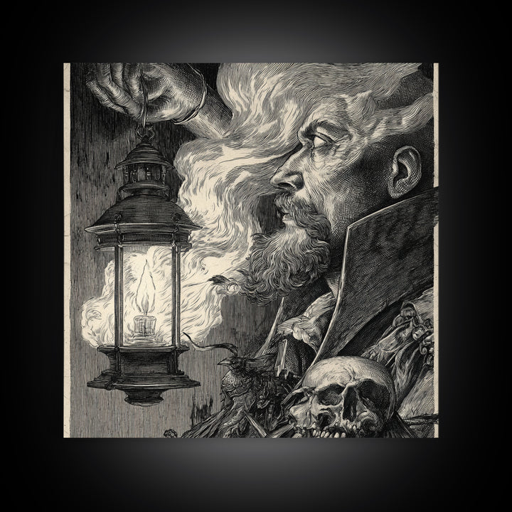 The Lantern Specter, Renaissance Engraving Art, Square Wall Art, Macabre Wall Art, Canvas Print, Halloween Wall Art, Horror Wall Art