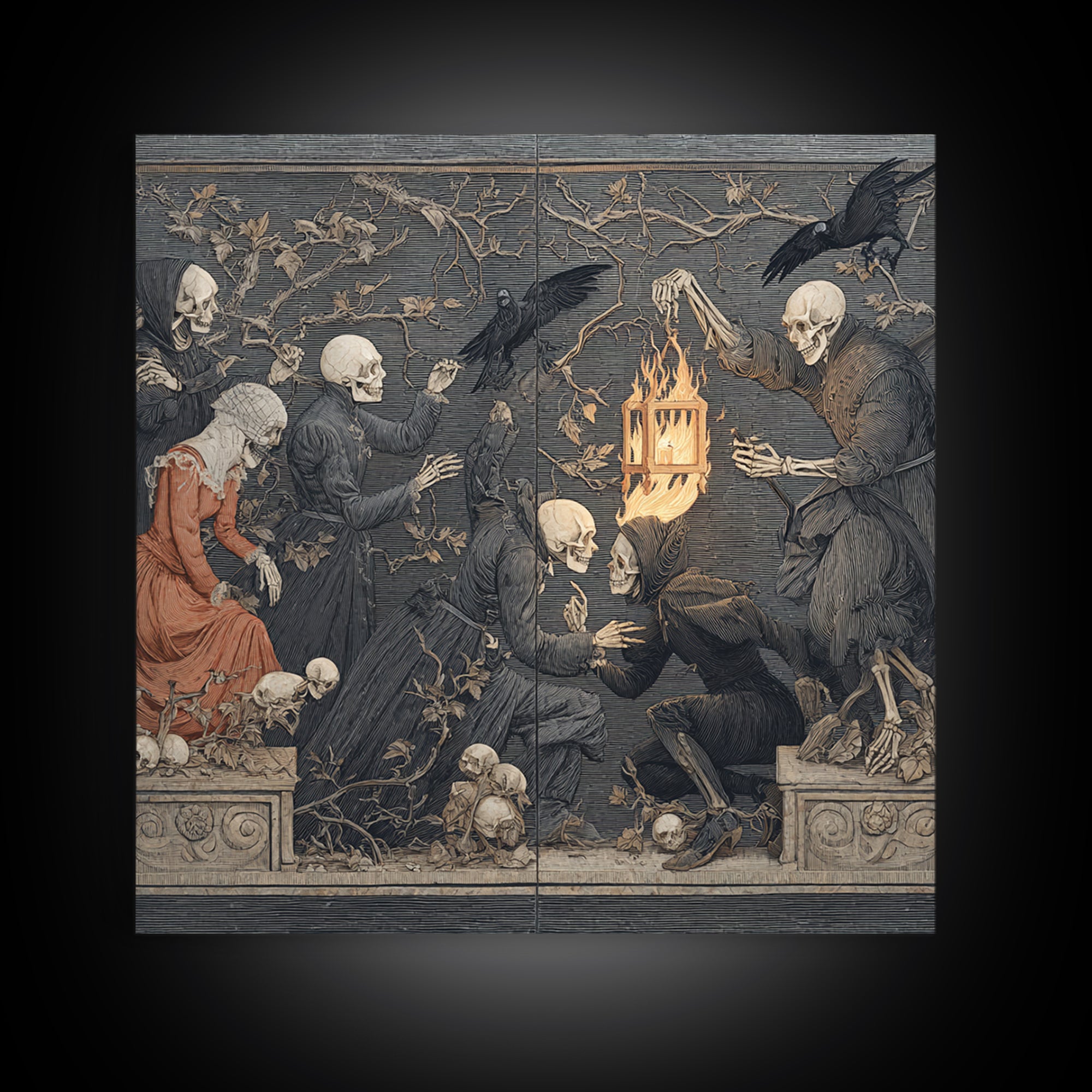 The Lantern Specter, Danse Macabre Art, Square Wall Art, Dark Fantasy Wall Art, Framed Canvas Print, Halloween Wall Art