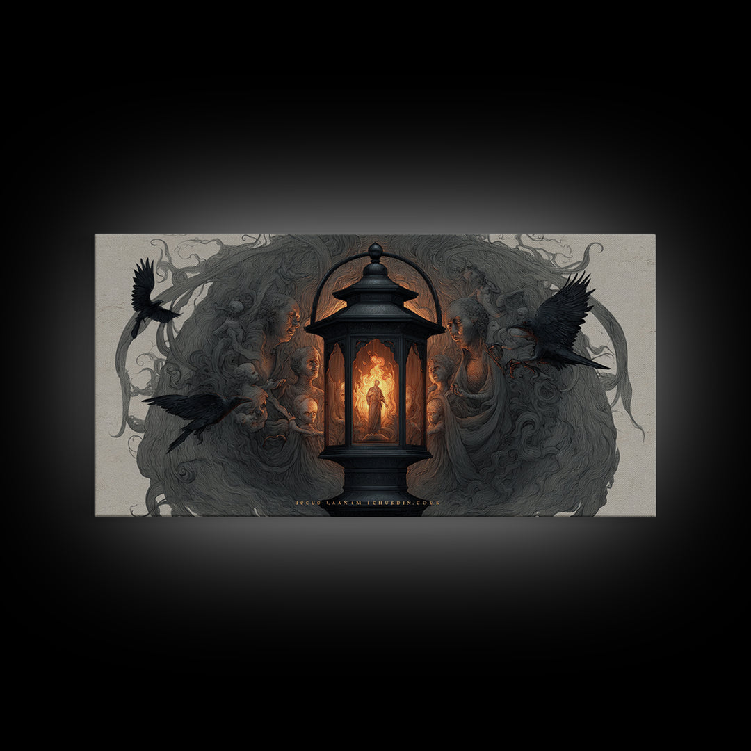 The Lantern Specter, Visionary Gothic Art, Wide Panoramic Art, Dark Fantasy Wall Art, Framed Canvas Print, Halloween Wall Art