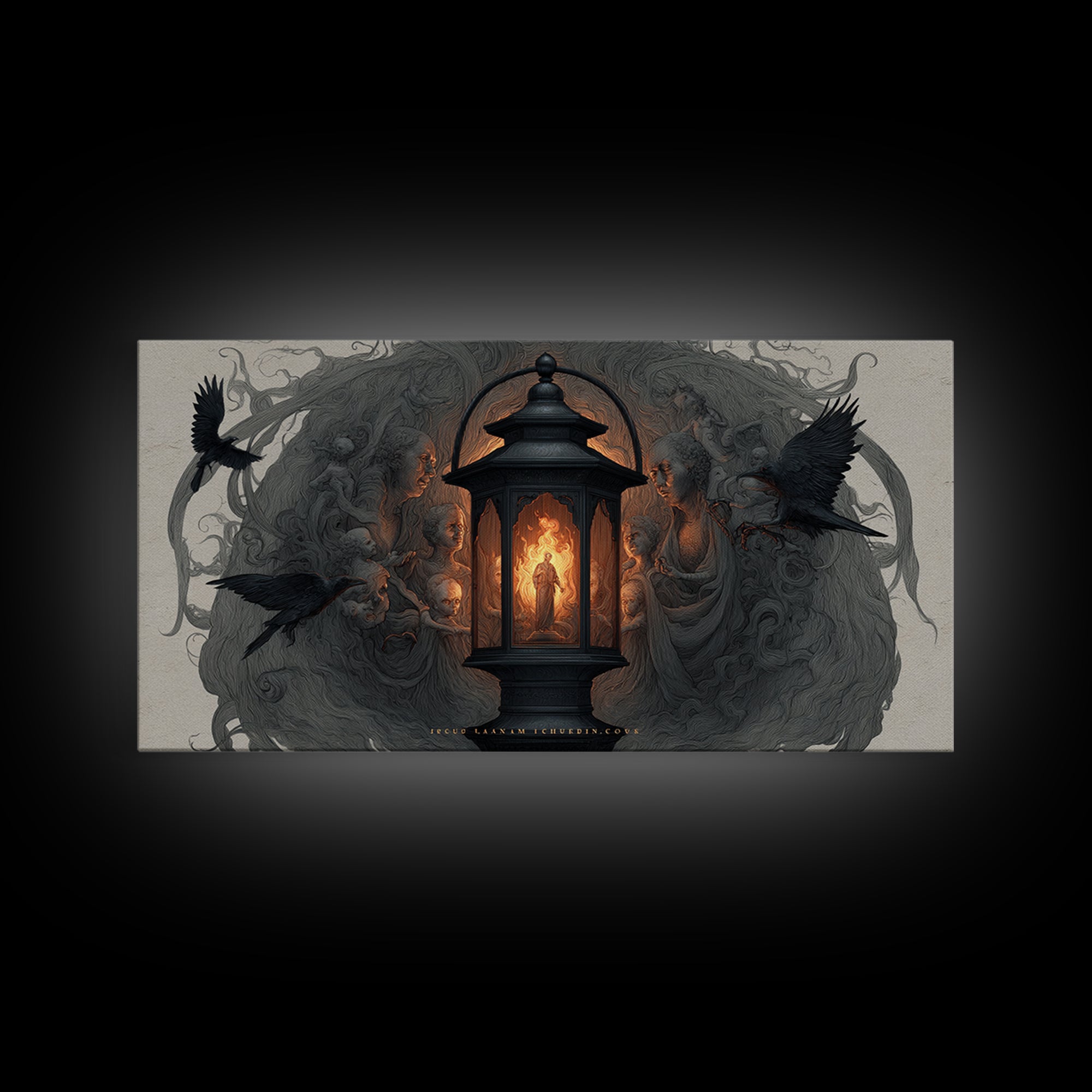 The Lantern Specter, Visionary Gothic Art, Wide Panoramic Art, Dark Fantasy Wall Art, Framed Canvas Print, Halloween Wall Art
