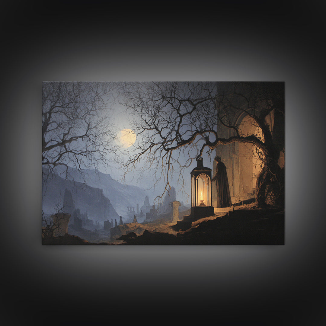 The Lantern Specter, Romantic Gothic Landscape, Landscape Wall Art, Dark Halloween Decor, Canvas Print, Halloween Wall Art