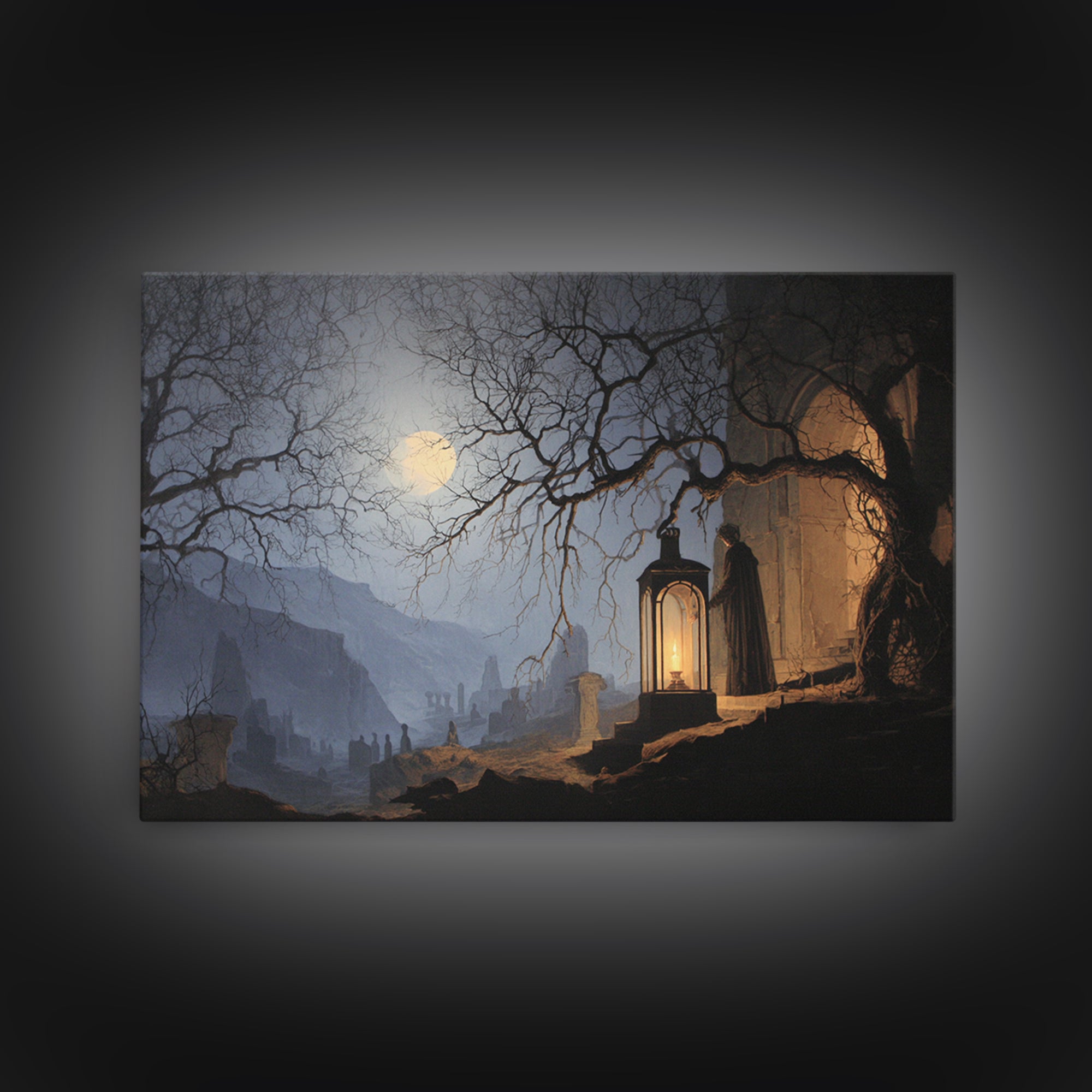 The Lantern Specter, Romantic Gothic Landscape, Landscape Wall Art, Dark Halloween Decor, Canvas Print, Halloween Wall Art