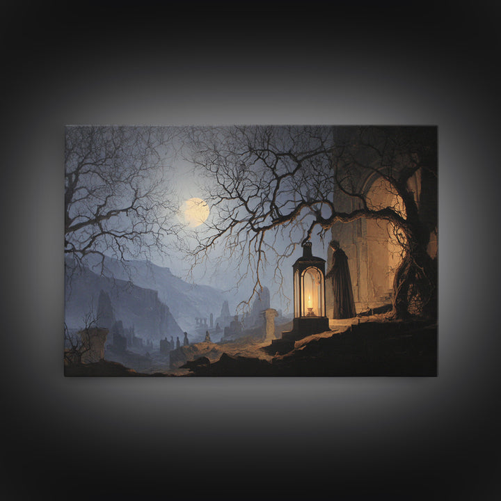 The Lantern Specter, Romantic Gothic Landscape, Landscape Wall Art, Dark Halloween Decor, Canvas Print, Halloween Wall Art