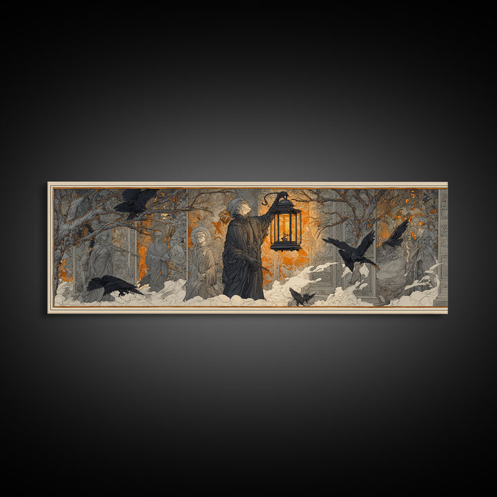 The Lantern Specter, Symbolist Death Art, Extra Wide Wall Art, Macabre Wall Art, Canvas Print, Halloween Wall Art, Spooky Wall Decor