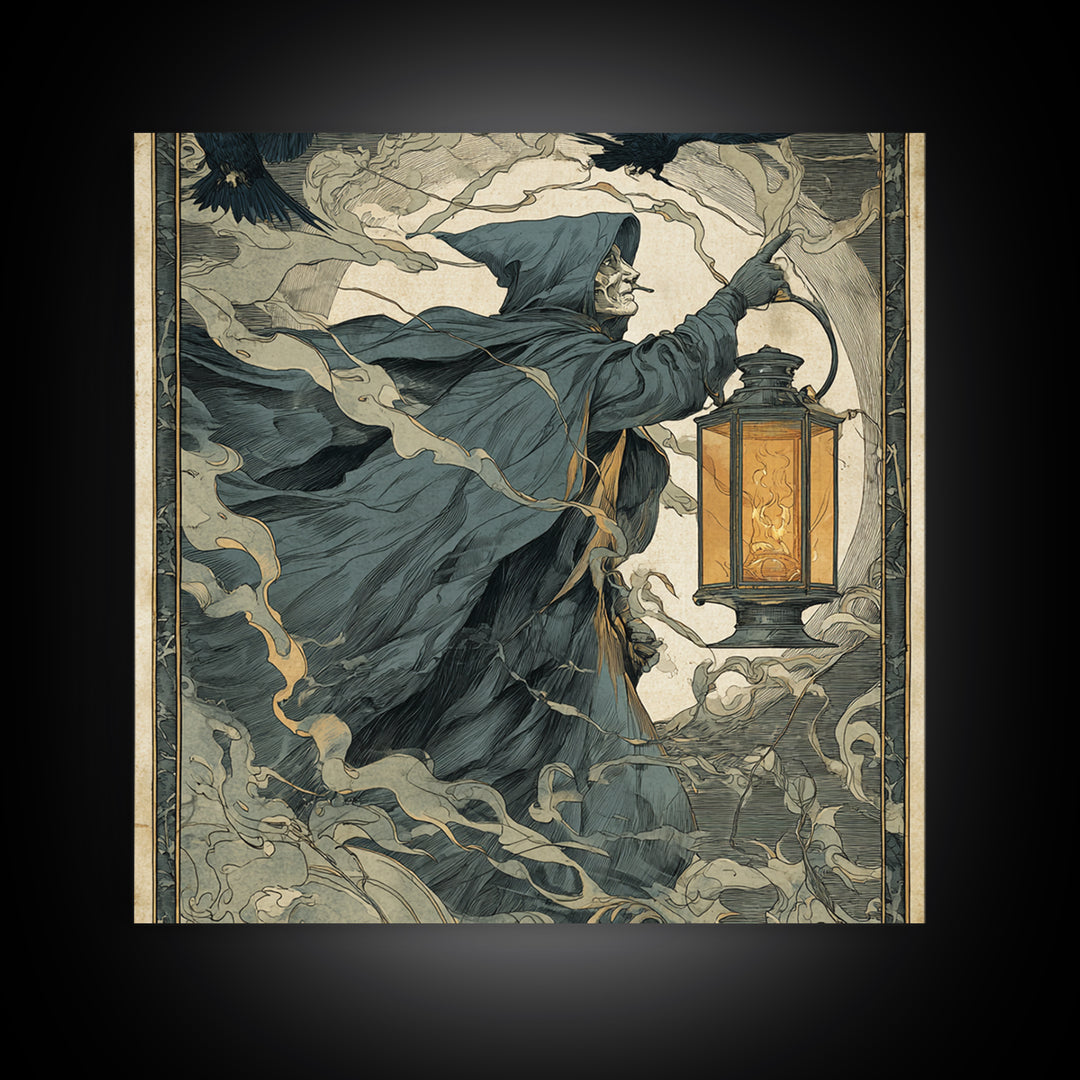 The Lantern Specter, Symbolist Etching Art, Square Wall Art, Dark Fantasy Wall Art, Canvas Print, Halloween Wall Art, Seasonal Home Decor