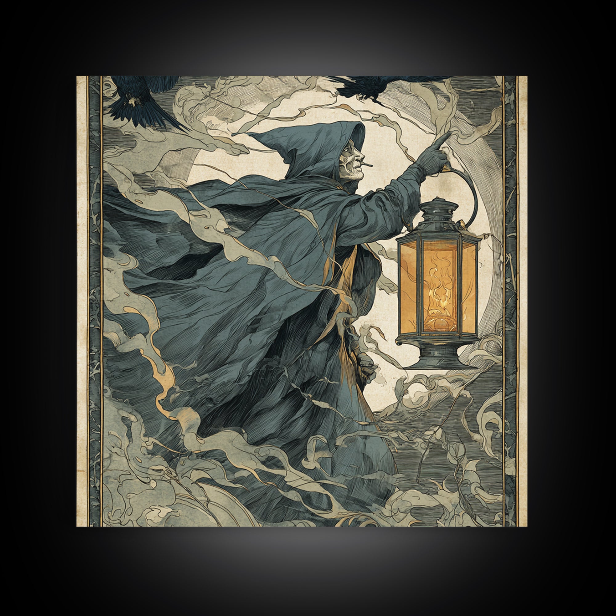 The Lantern Specter, Symbolist Etching Art, Square Wall Art, Dark Fantasy Wall Art, Canvas Print, Halloween Wall Art, Seasonal Home Decor