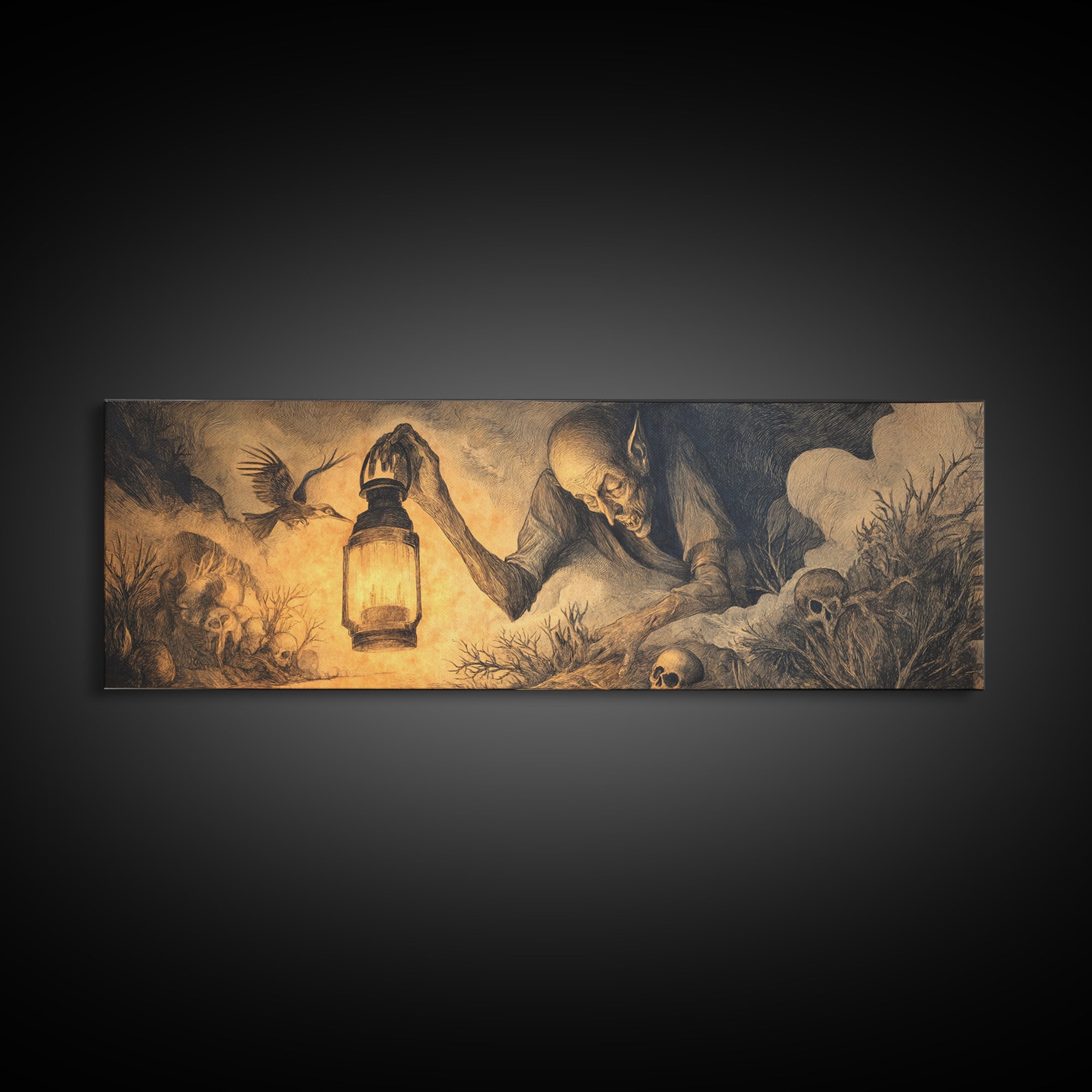 The Lantern Specter, Expressionist Nightmare Art, Extra Wide Wall Art, Macabre Wall Art, Framed Canvas Print, Halloween Wall Art