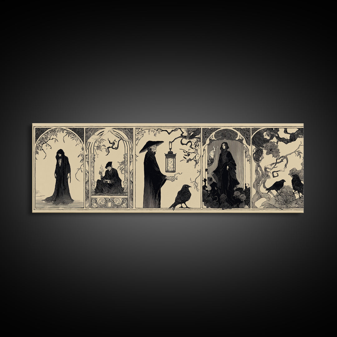 The Lantern Specter, Decadent Line Art, Extra Wide Wall Art, Macabre Wall Art, Framed Canvas Print, Halloween Wall Art
