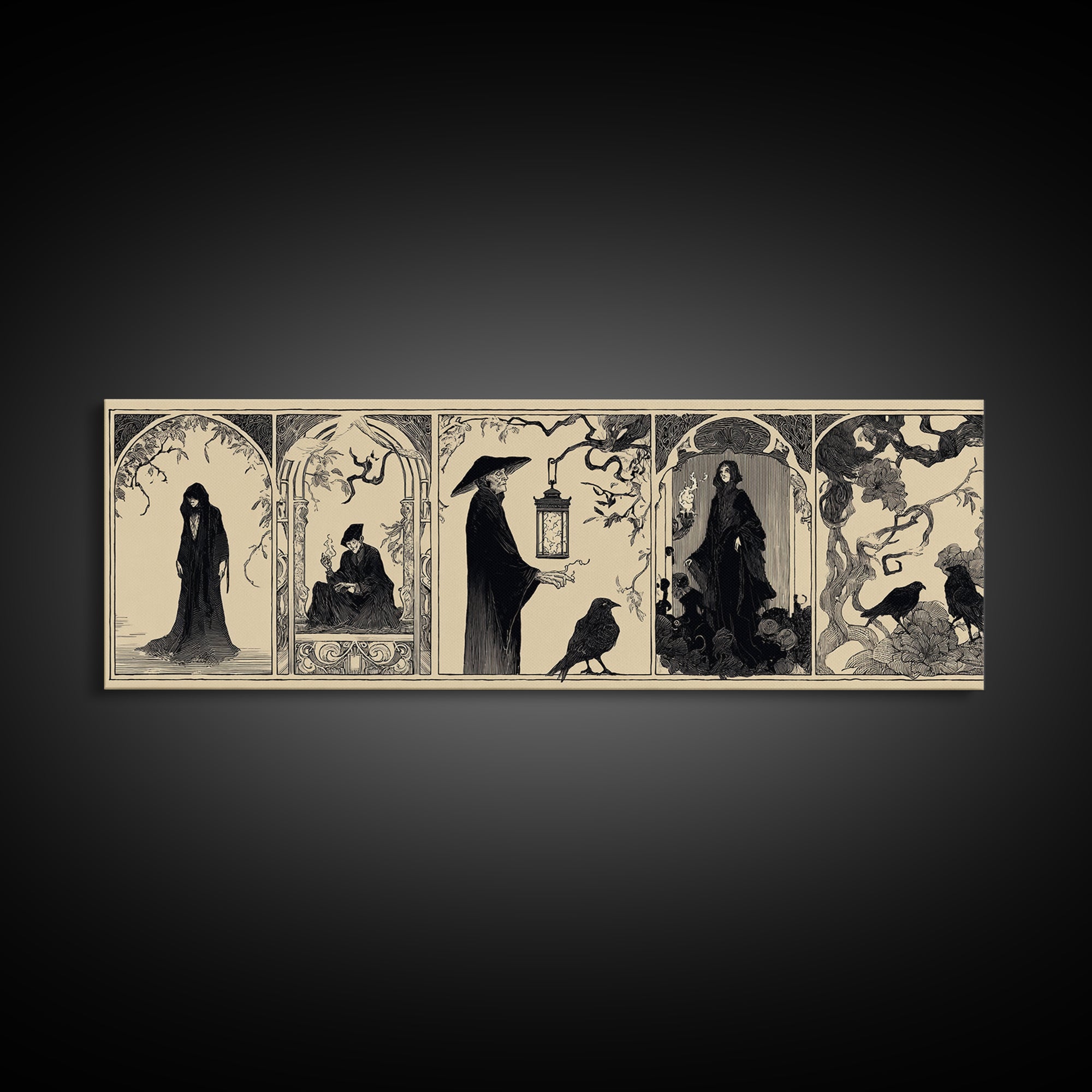 The Lantern Specter, Decadent Line Art, Extra Wide Wall Art, Macabre Wall Art, Framed Canvas Print, Halloween Wall Art