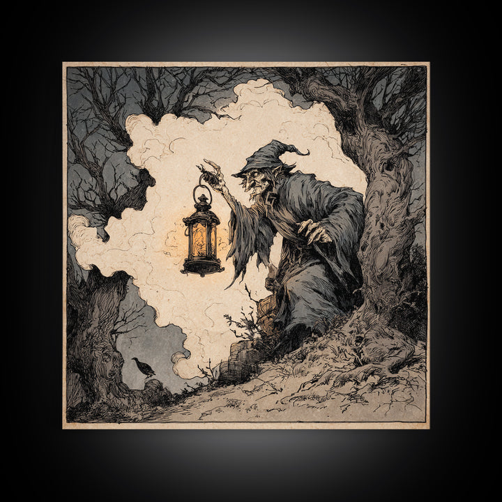 The Lantern Specter, Gothic Storybook Art, Square Wall Art, Macabre Wall Art, Framed Canvas Print, Halloween Wall Art