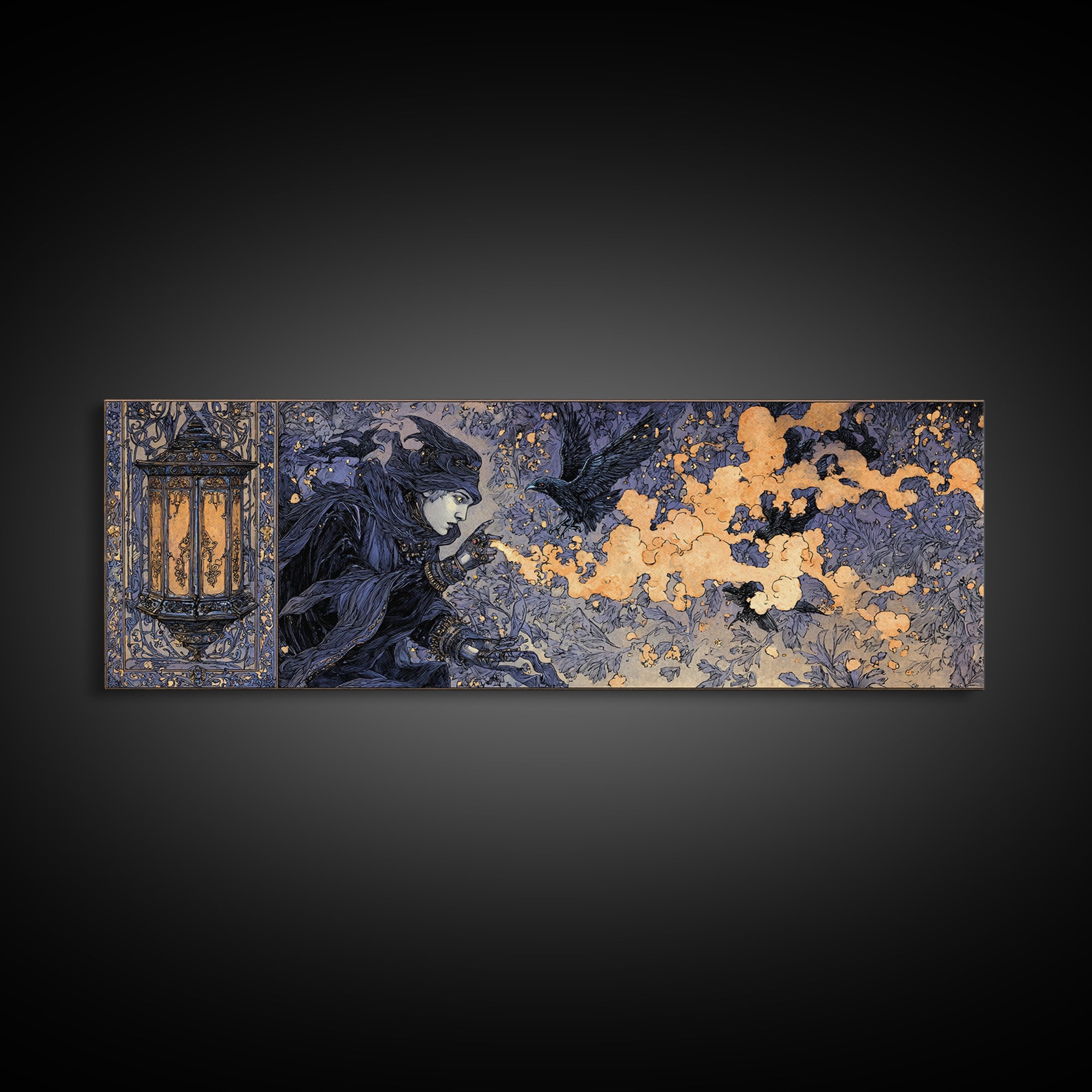 The Lantern Specter, Stained Glass Gothic Art, Extra Wide Wall Art, Dark Halloween Decor, Canvas Print, Halloween Wall Art