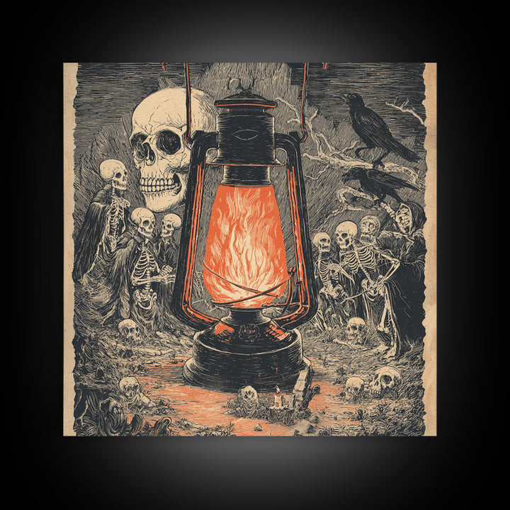The Lantern Specter, Macabre Folk Print Art, Square Wall Art, Dark Fantasy Wall Art, Framed Canvas Print, Halloween Wall Art