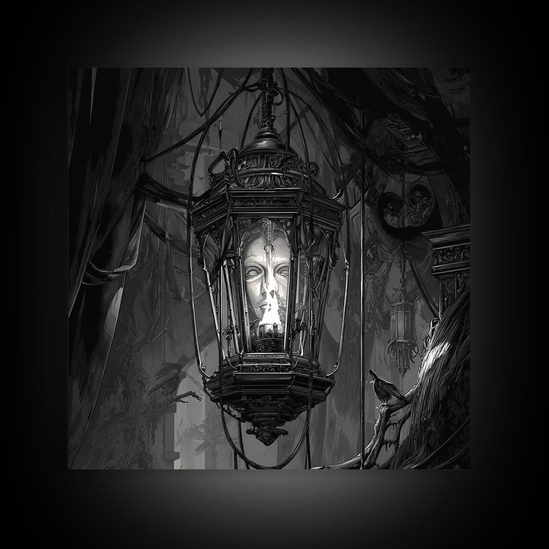 The Lantern Specter, Biomechanical Horror Art, Square Wall Art, Dark Halloween Decor, Canvas Print, Halloween Wall Art