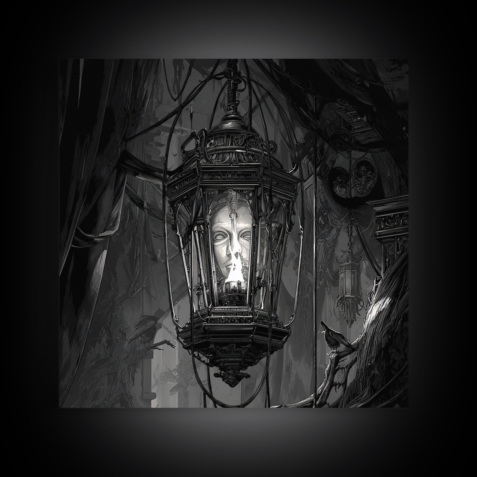The Lantern Specter, Biomechanical Horror Art, Square Wall Art, Dark Halloween Decor, Canvas Print, Halloween Wall Art