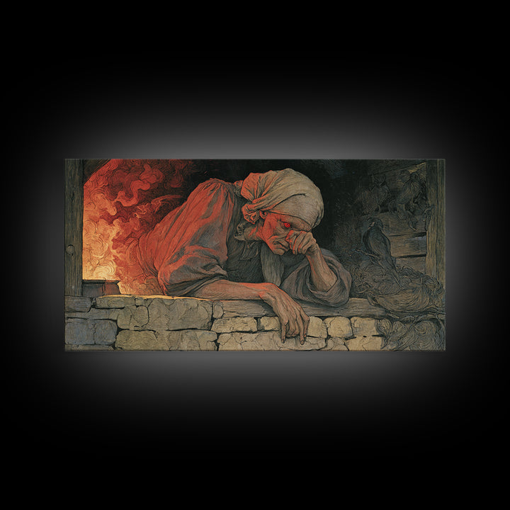 The Red-Eyed Night Hag, Dark Renaissance Art, Wide Panoramic Art, Dark Fantasy Wall Art, Framed Canvas Print, Halloween Wall Art
