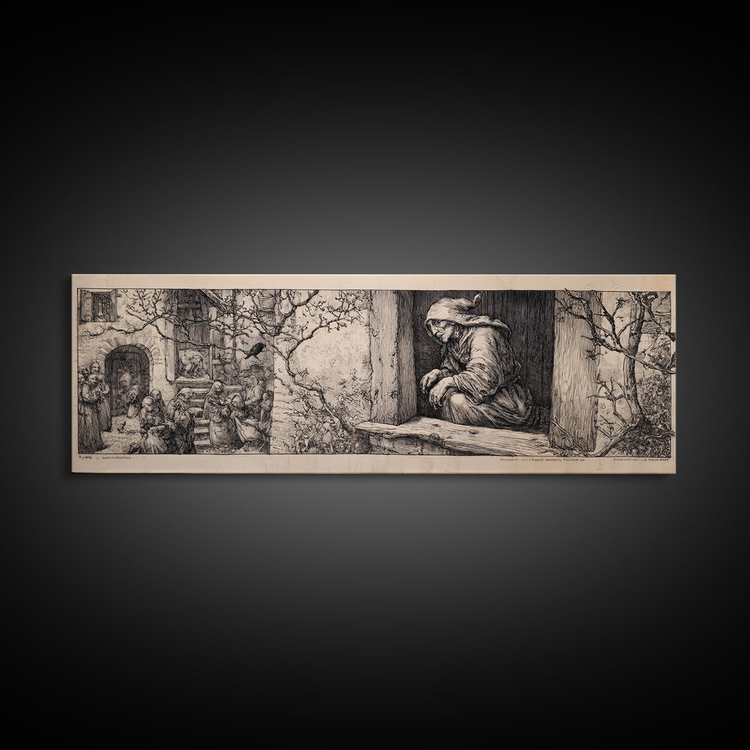 The Red-Eyed Night Hag, Renaissance Engraving Art, Extra Wide Wall Art, Gothic Horror Wall Art, Canvas Print, Halloween Wall Art