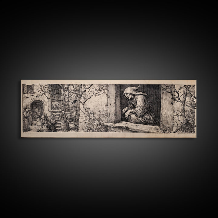 The Red-Eyed Night Hag, Renaissance Engraving Art, Extra Wide Wall Art, Gothic Horror Wall Art, Canvas Print, Halloween Wall Art