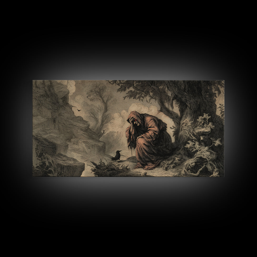 The Red-Eyed Night Hag, Baroque Witchcraft Art, Wide Panoramic Art, Gothic Horror Wall Art, Framed Canvas Print, Halloween Wall Art