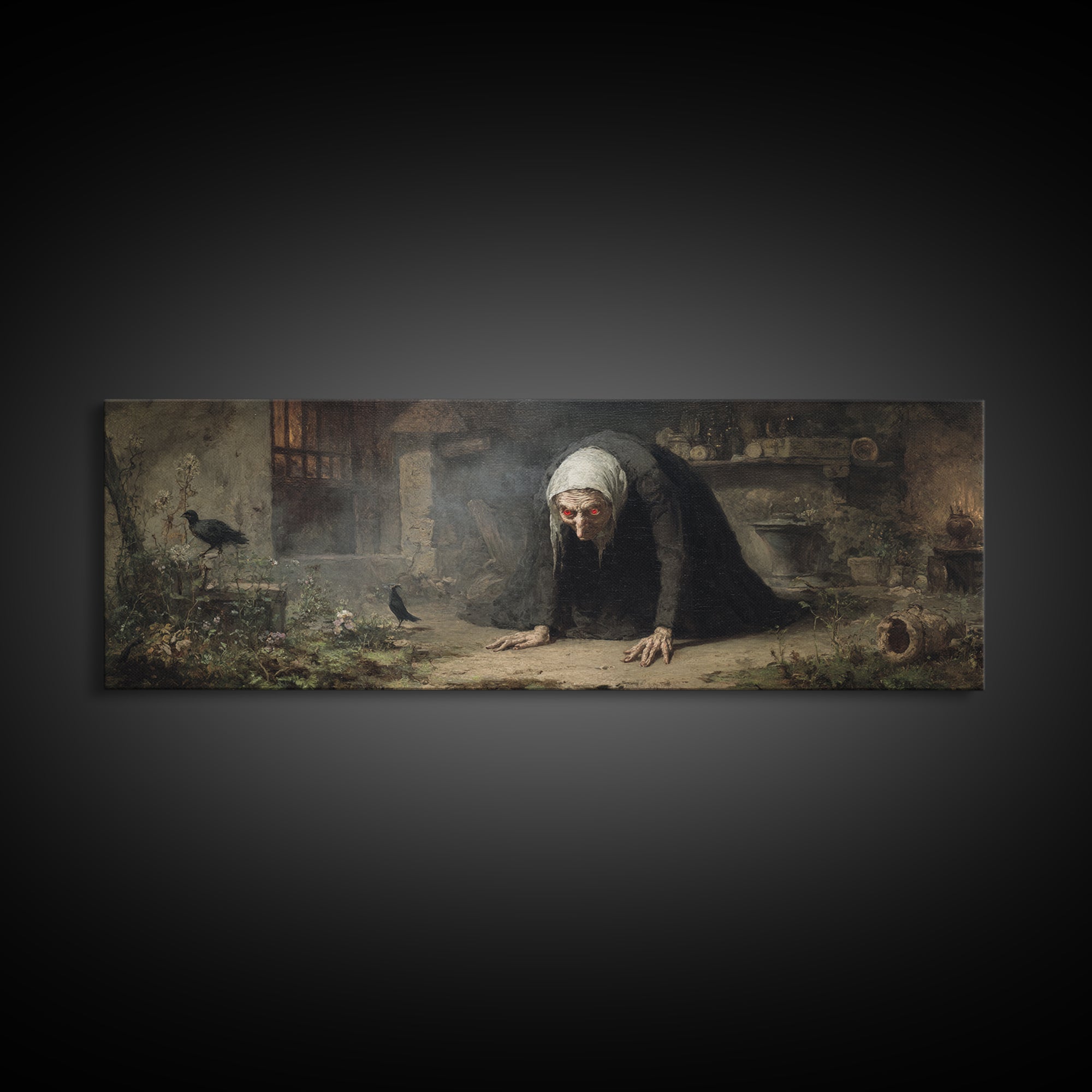 The Red-Eyed Night Hag, Dark Romantic Horror Art, Extra Wide Wall Art, Dark Fantasy Wall Art, Framed Canvas Print, Halloween Wall Art