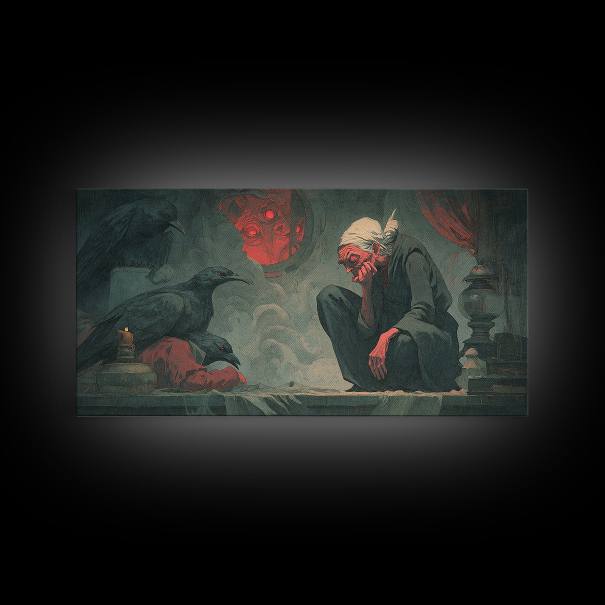 The Red-Eyed Night Hag, Gothic Nightmare Art, Wide Panoramic Art, Dark Fantasy Wall Art, Canvas Print, Halloween Wall Art