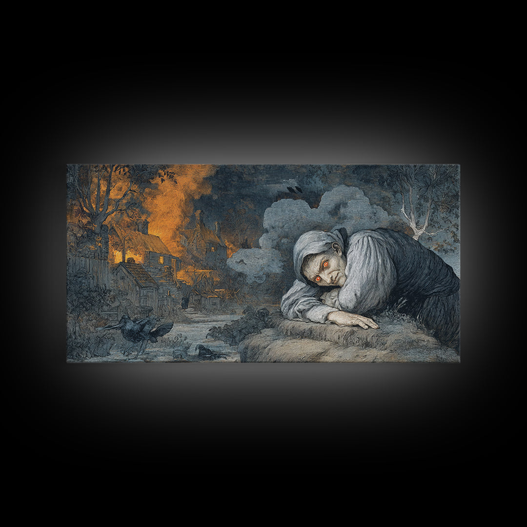 The Red-Eyed Night Hag, Visionary Gothic Art, Wide Panoramic Art, Gothic Horror Wall Art, Framed Canvas Print, Halloween Wall Art