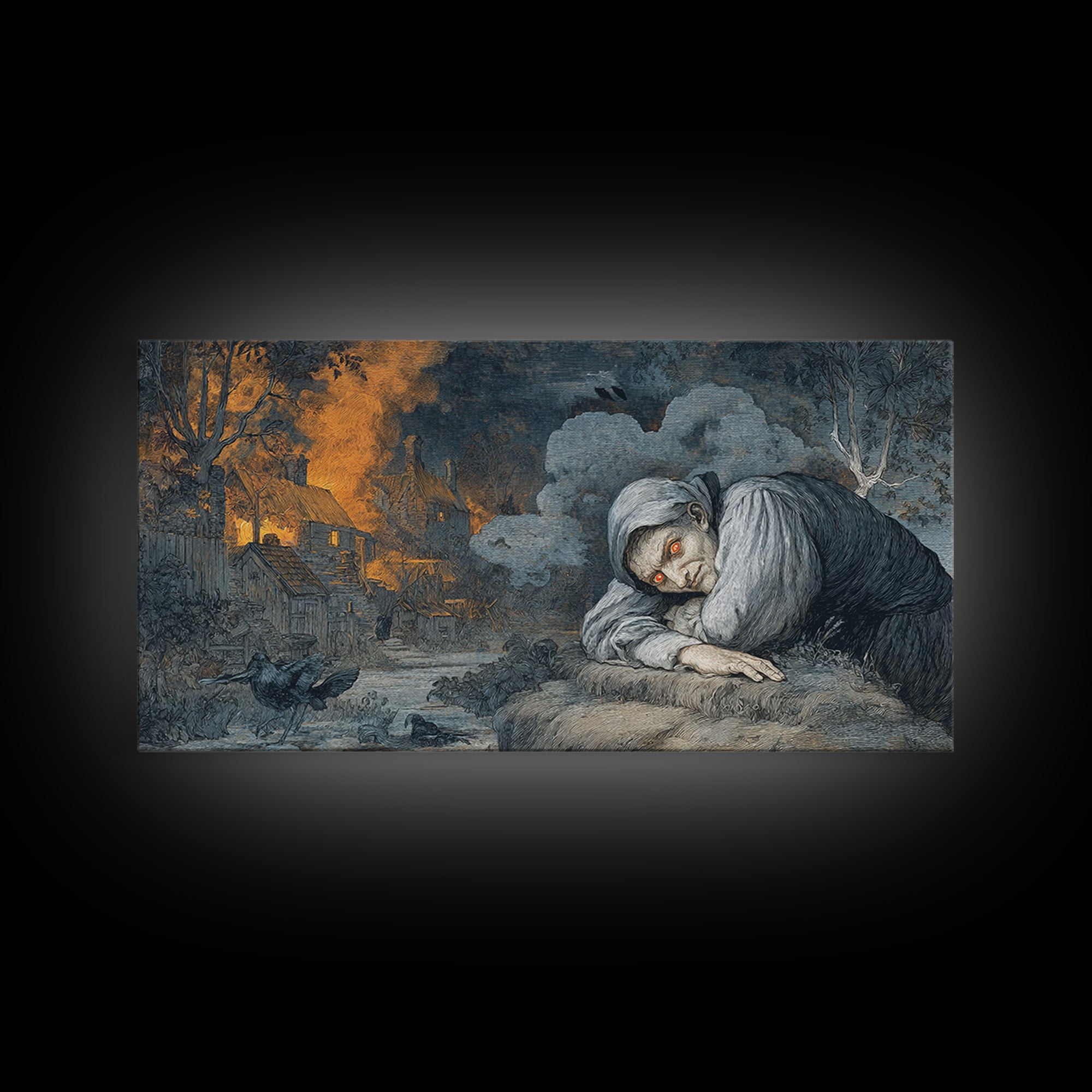 The Red-Eyed Night Hag, Visionary Gothic Art, Wide Panoramic Art, Gothic Horror Wall Art, Framed Canvas Print, Halloween Wall Art
