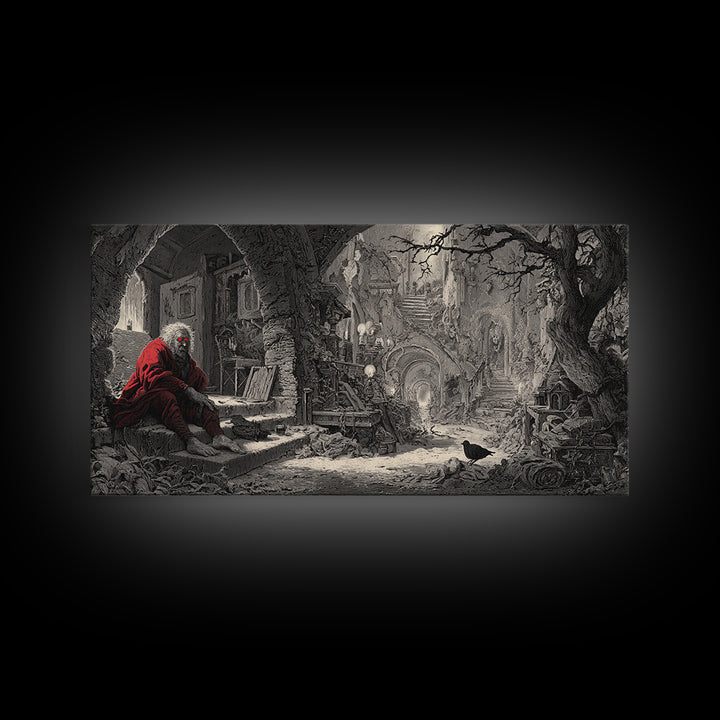 The Red-Eyed Night Hag, Architectural Etching Art, Wide Panoramic Art, Macabre Wall Art, Canvas Print, Halloween Wall Art