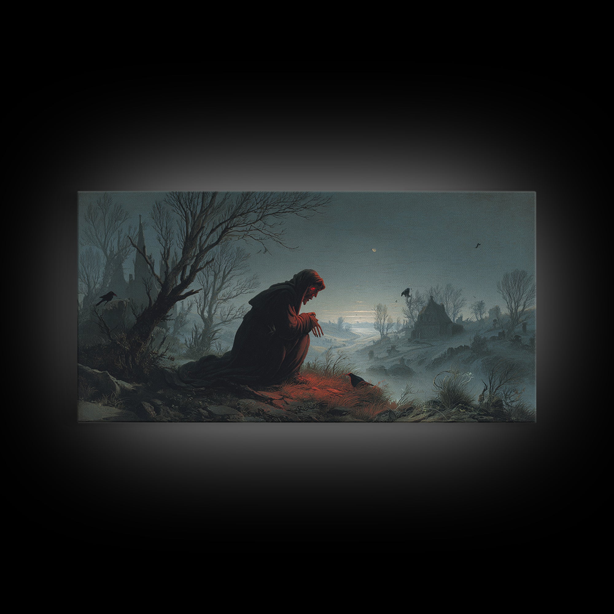 The Red-Eyed Night Hag, Romantic Gothic Landscape, Wide Panoramic Art, Dark Halloween Decor, Canvas Print, Halloween Wall Art