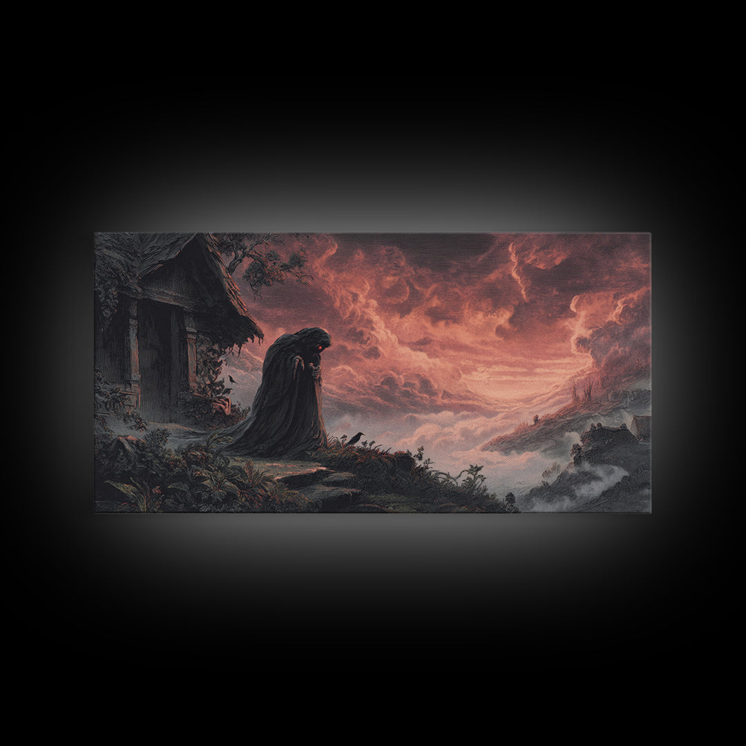 The Red-Eyed Night Hag, Apocalyptic Romantic Art, Wide Panoramic Art, Dark Halloween Decor, Canvas Print, Halloween Wall Art