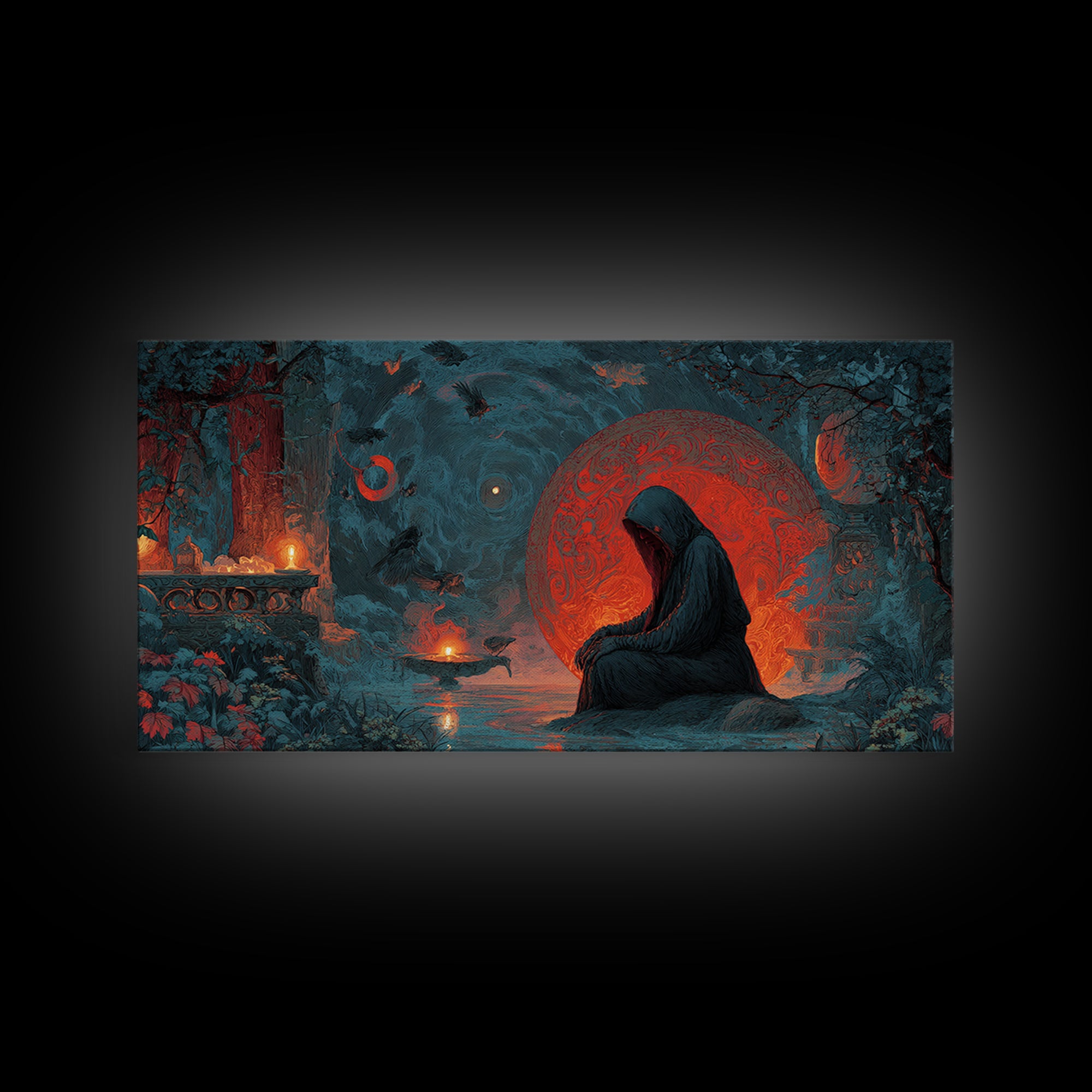 The Red-Eyed Night Hag, Symbolist Gothic Landscape, Wide Panoramic Art, Dark Halloween Decor, Canvas Print, Halloween Wall Art