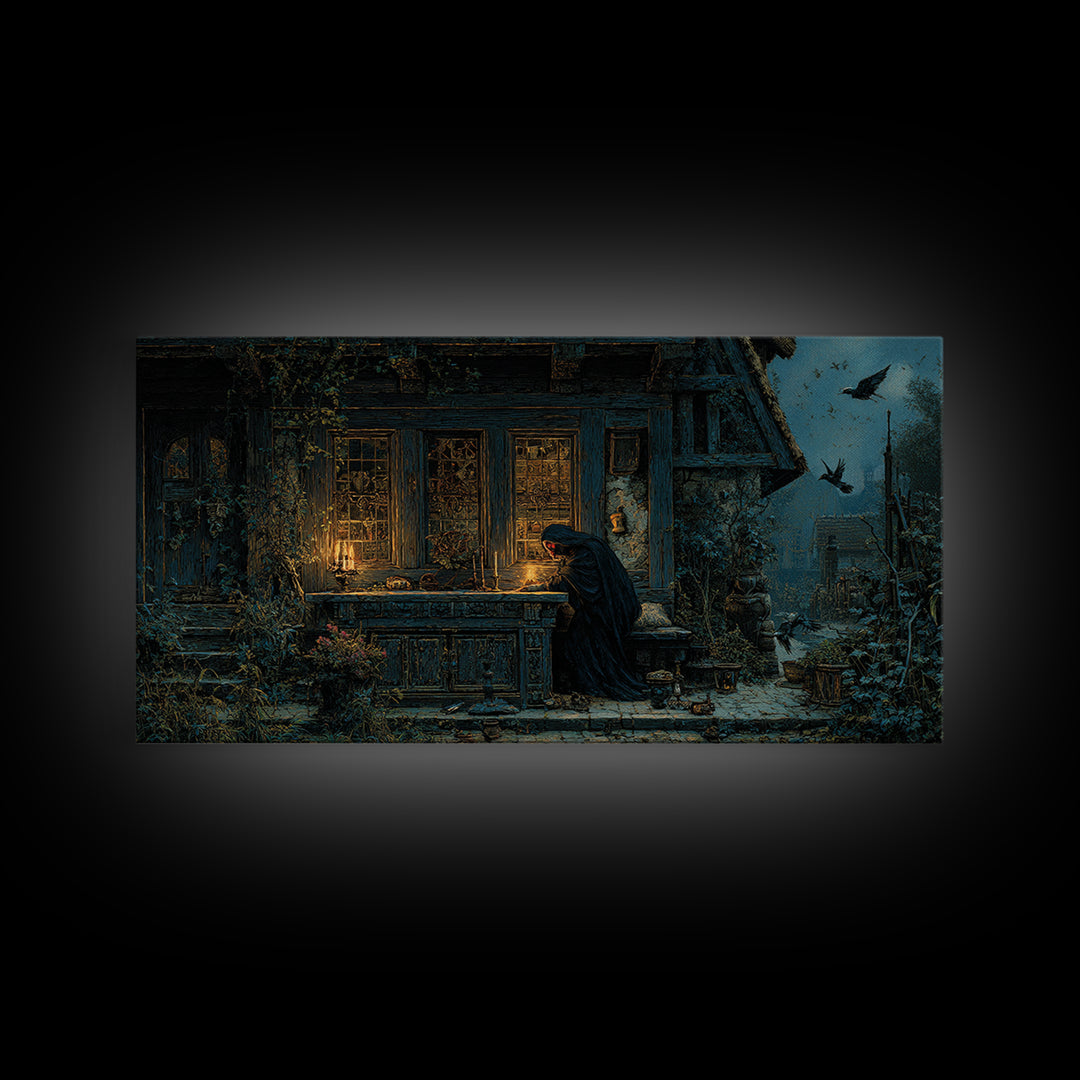 The Red-Eyed Night Hag, Ornate Symbolist Art, Wide Panoramic Art, Gothic Horror Wall Art, Canvas Print, Halloween Wall Art