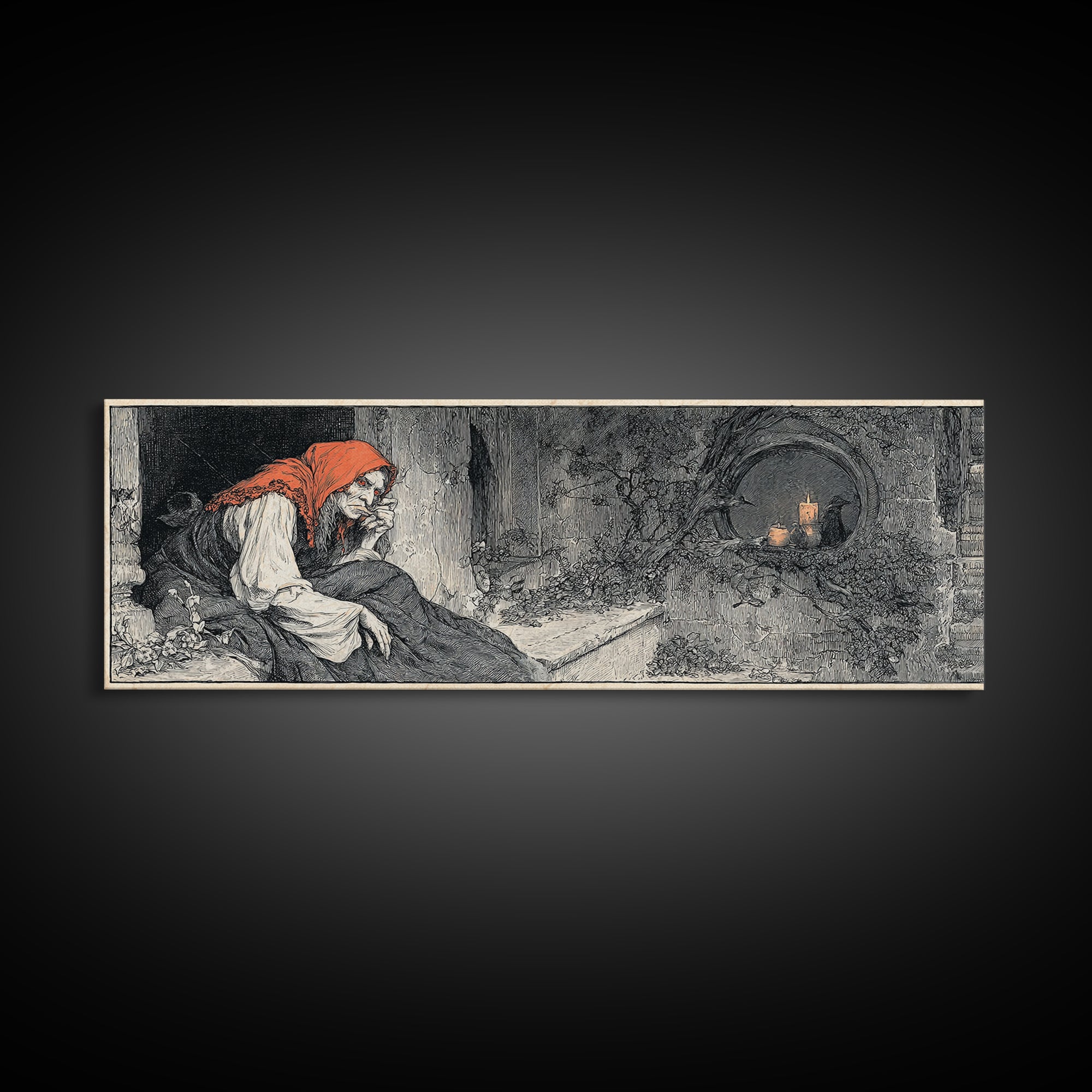 The Red-Eyed Night Hag, Decadent Gothic Art, Extra Wide Wall Art, Dark Halloween Decor, Canvas Print, Halloween Wall Art