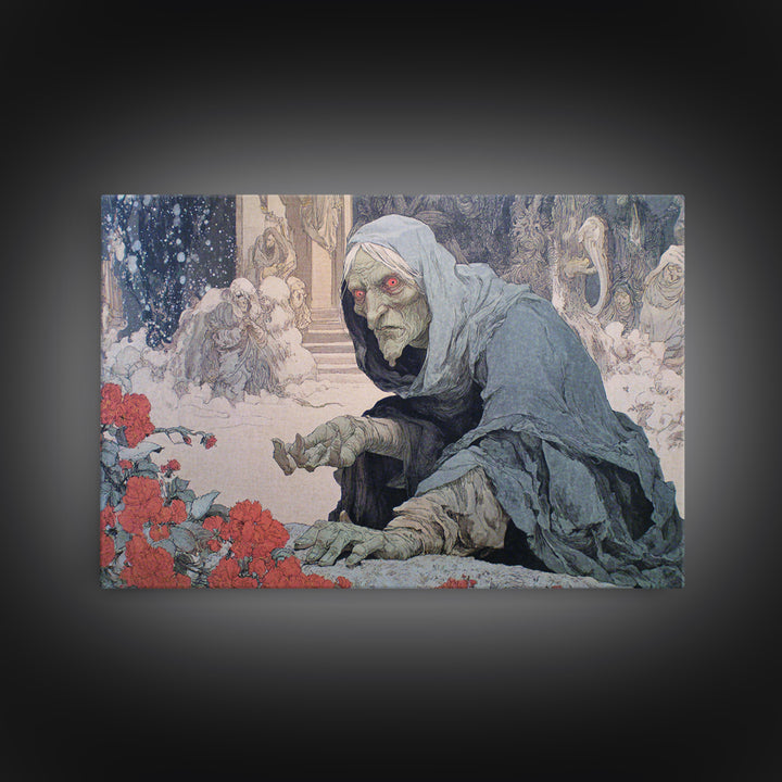 The Red-Eyed Night Hag, Symbolist Death Art, Landscape Wall Art, Gothic Horror Wall Art, Framed Canvas Print, Halloween Wall Art