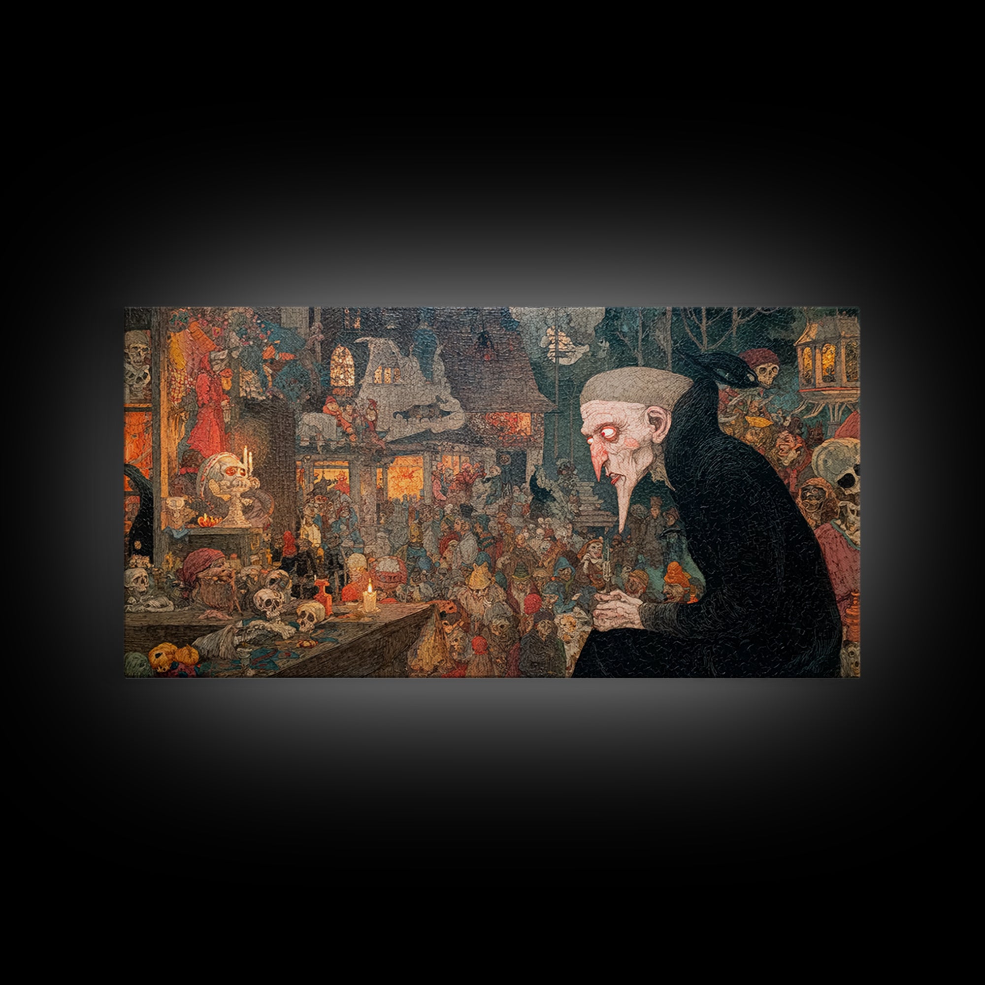 The Red-Eyed Night Hag, Grotesque Carnival Art, Wide Panoramic Art, Gothic Horror Wall Art, Framed Canvas Print, Halloween Wall Art