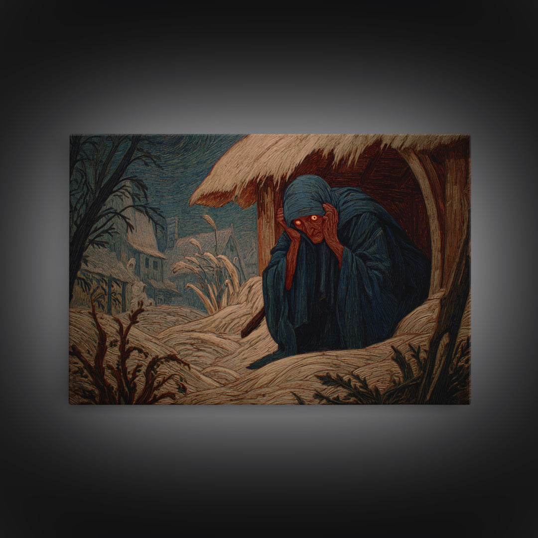 The Red-Eyed Night Hag, Expressionist Gothic Art, Landscape Wall Art, Macabre Wall Art, Framed Canvas Print, Halloween Wall Art